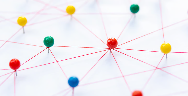 Map pins connected by a red string.