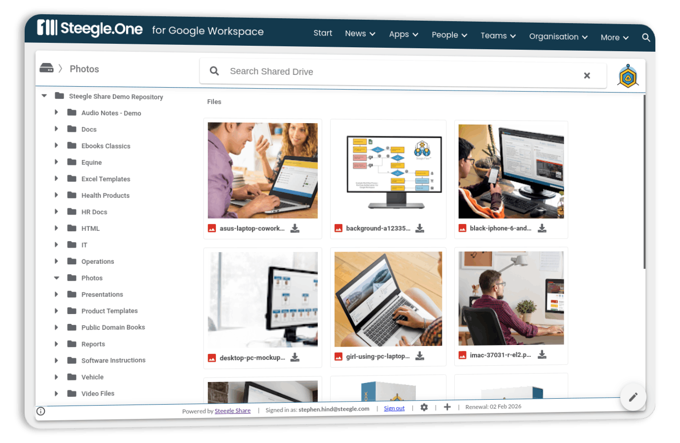 Screenshot of Steegle.One Google Workspace interface showing folders and files including documents, templates, and images. The folders listed on the left include categories like Docs, Ebooks, and Reports. Various file thumbnails are shown on the right, such as laptop and desktop setups.