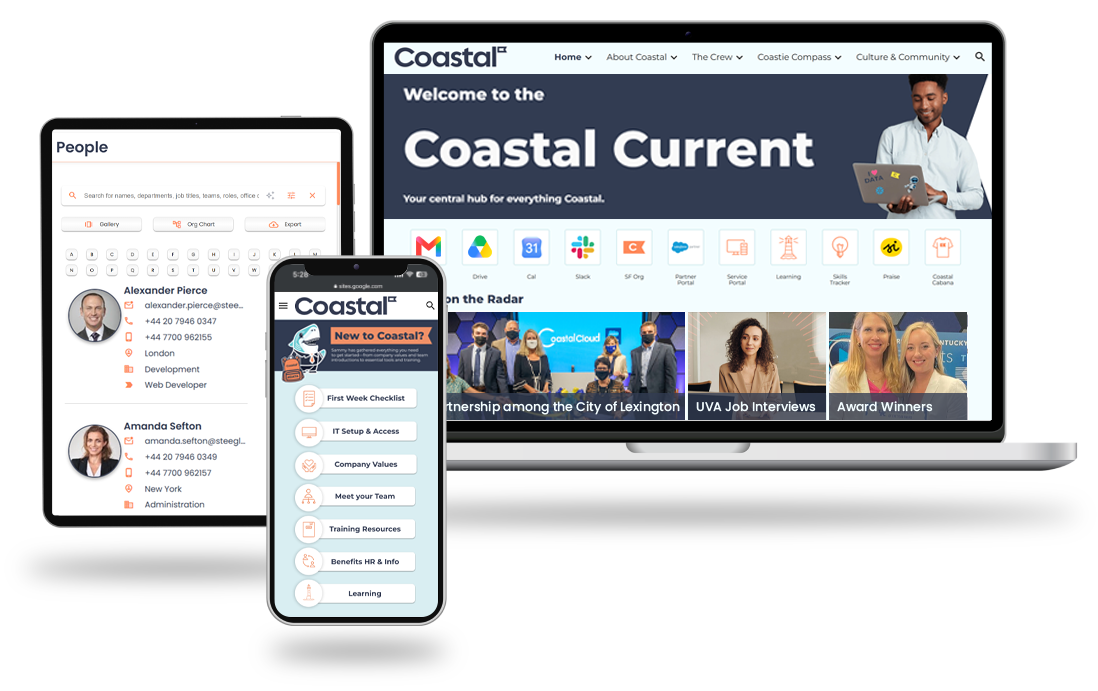 A digital display of a website for Coastal Cloud with icons of various online tools, a photo gallery of Steegle News, and navigation menus, shown on a laptop, tablet, and smartphone.