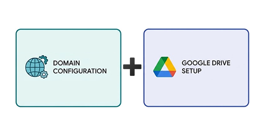 Domain configuration and Google Drive setup.