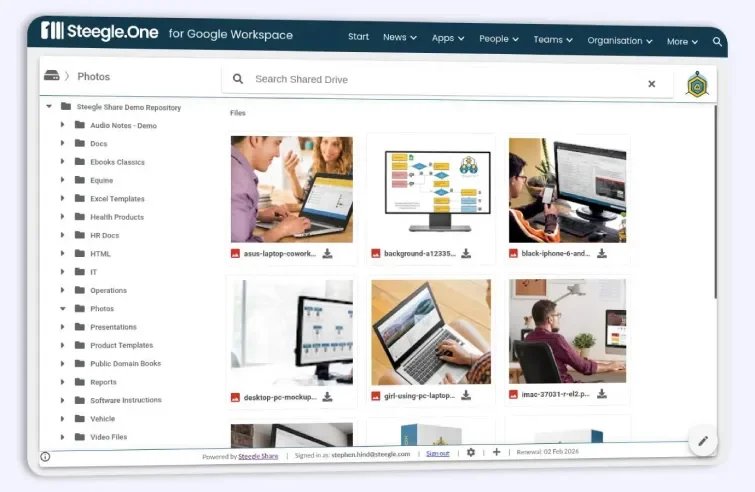 Screenshot of Share, the navigable and searchable Google Drive gadget from Steegle.One, so you can search your Drive content in your Google Sites based intranet