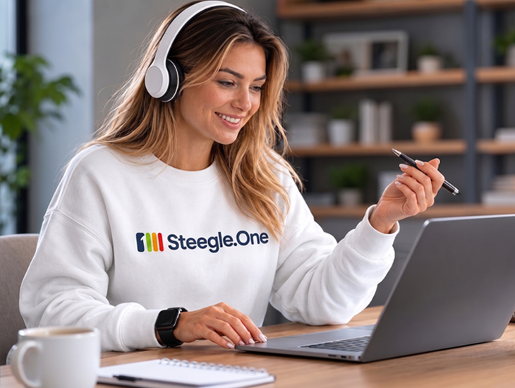 Smiling woman wearing a Steegle.One sweatshirt providing online support on a laptop.