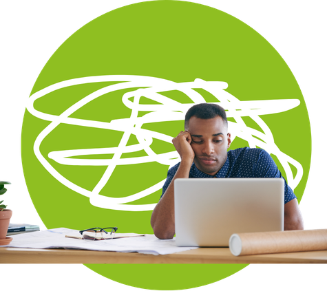 A tired professional man sitting at a desk looking unenthusiastically at his laptop, resting his head on his hand. Behind him is a large green circle graphic featuring a tangled white scribble, symbolizing stress, confusion, or a mental block.