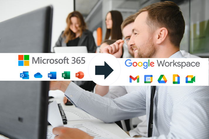 A professional team working at computers featuring a graphic overlay showing a migration arrow moving from Microsoft 365 apps to Google Workspace icons.