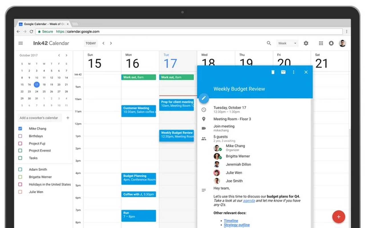 Laptop displaying Google Calendar with organized team schedules