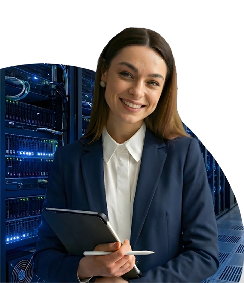 Woman holding a pen and whiteboard in a suit with a software industry background