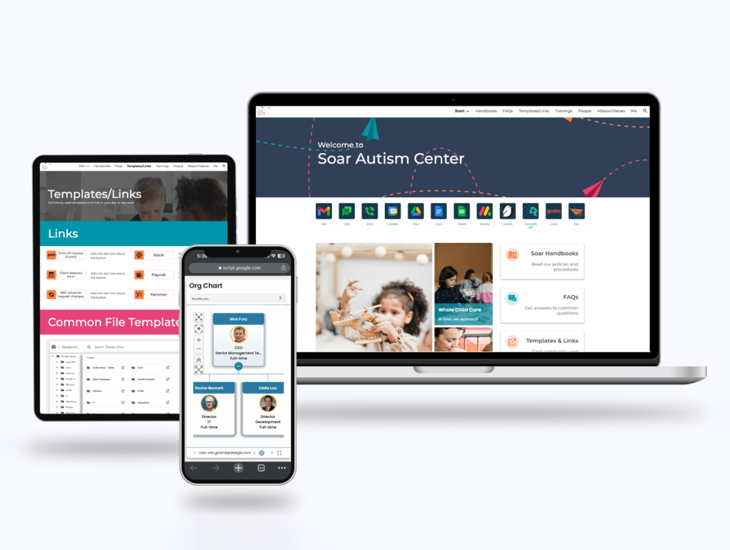 Google Sites intranet design shown on a laptop, tablet, and phone.