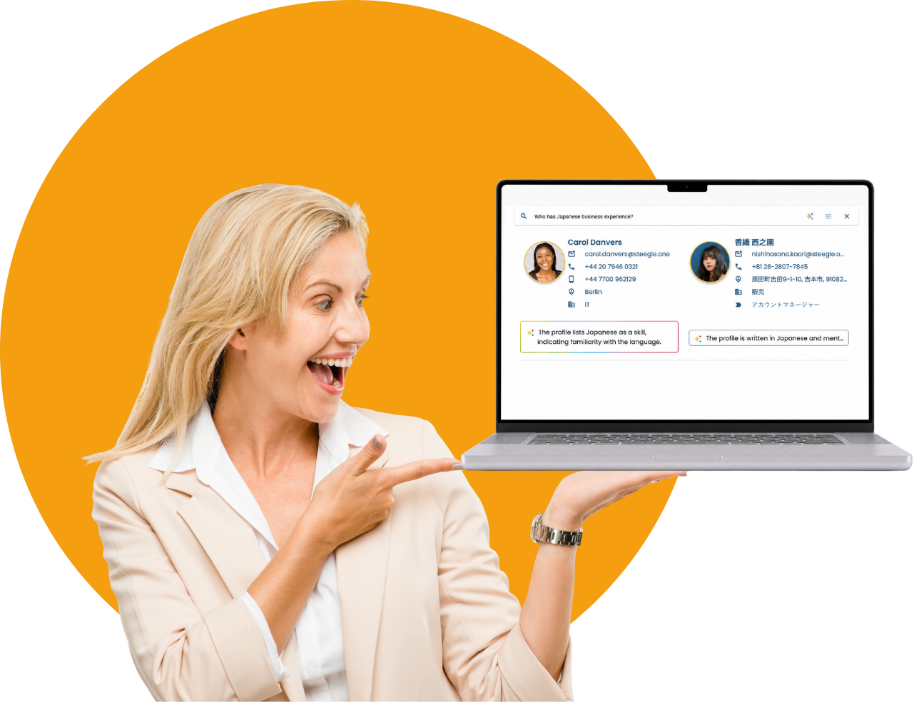 business woman on her laptop presenting steegle people