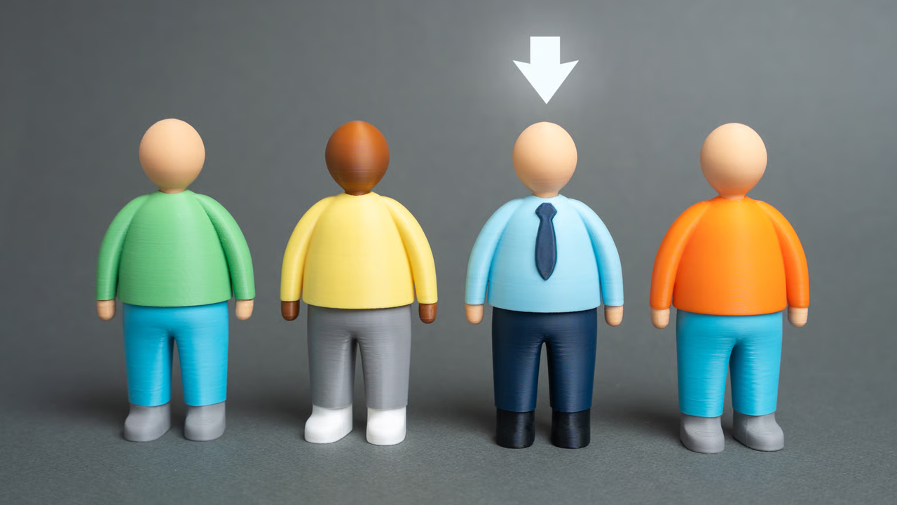 Four unique wooden figures standing in a line under a glowing white arrow