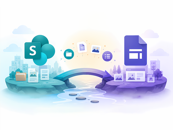 A bridge illustration showing file migration from SharePoint to Google Sites.