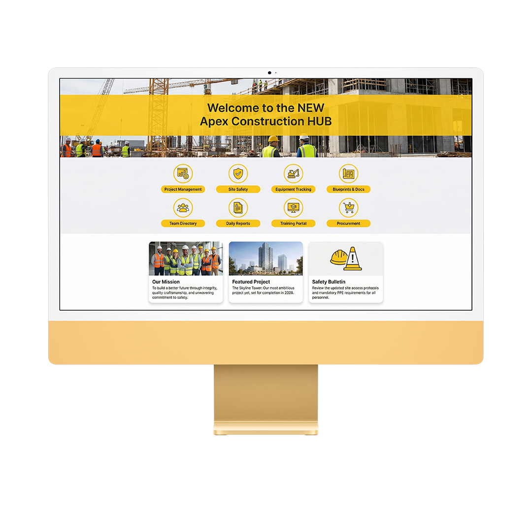 Construction intranet showcased on an iMac desktop screen.