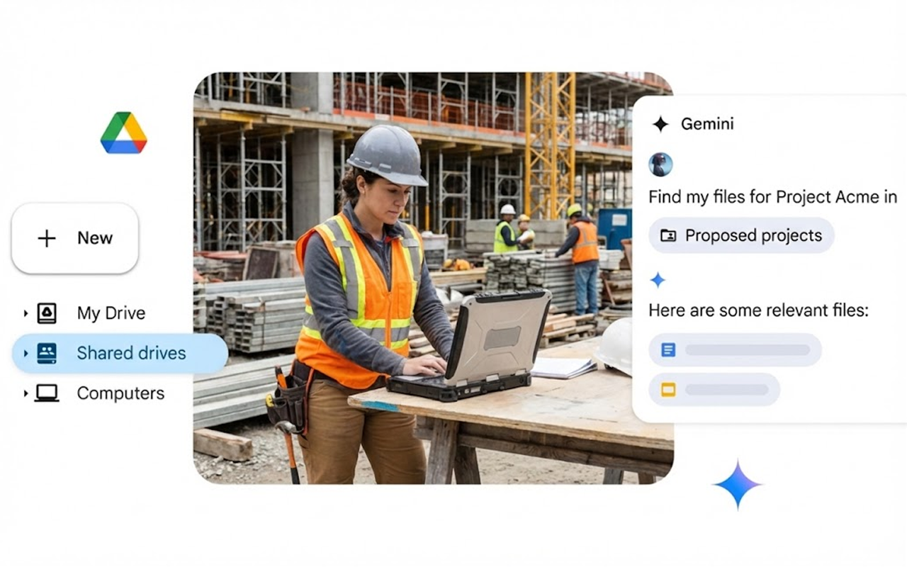 Contractor using Google Drive on-site to share project documents via laptop