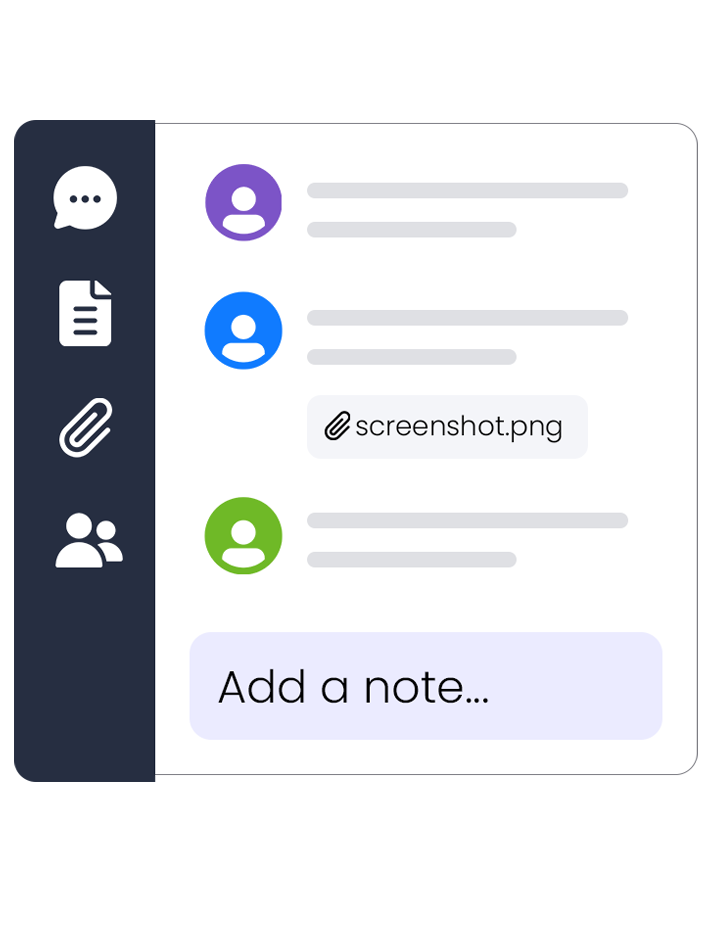 Collaboration sidebar showing team chat history with a screenshot attachment