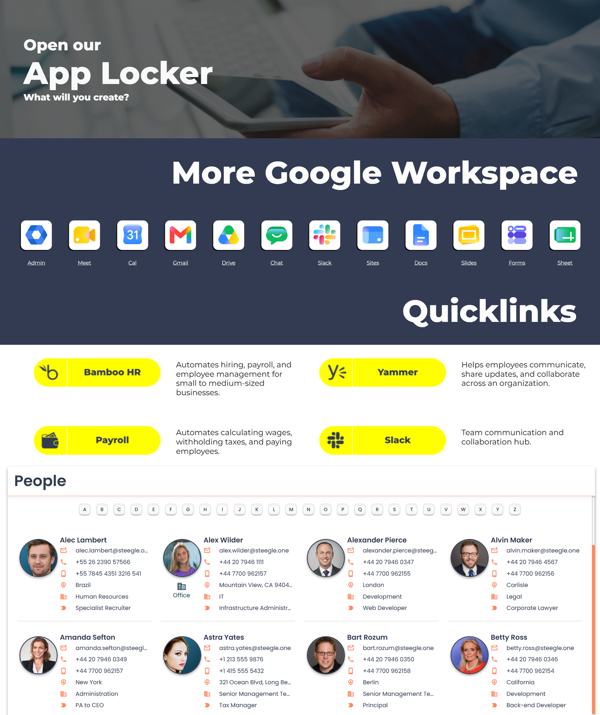 Coastal Cloud intranet page featuring an App Locker and employee directory.