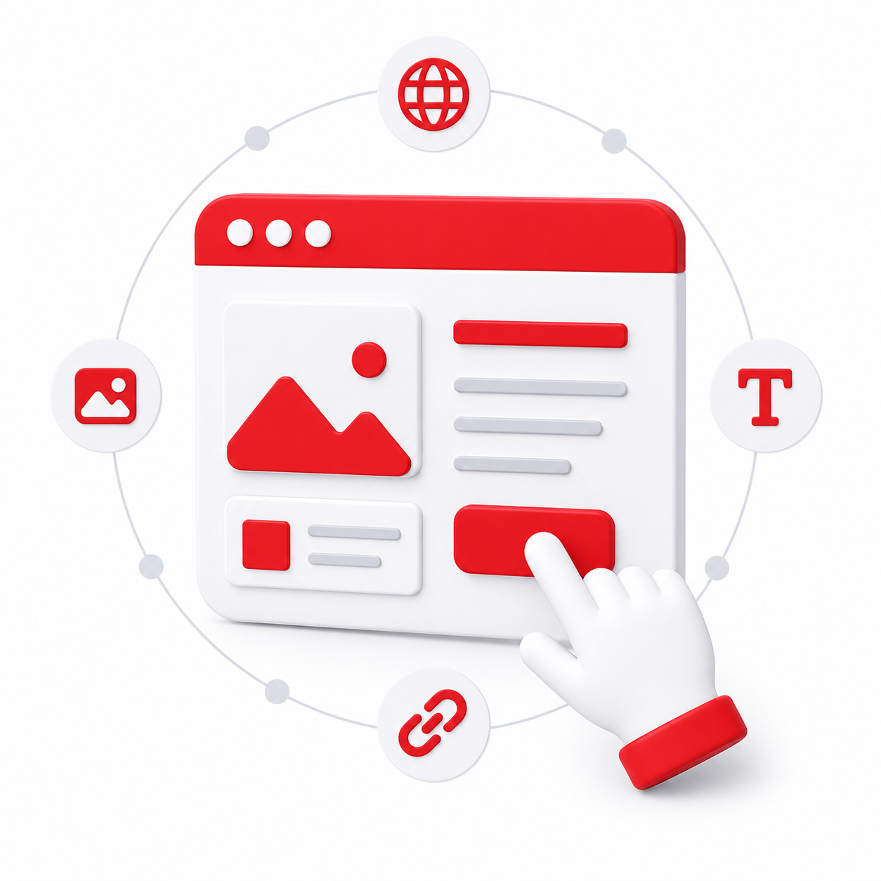 Red browser icon with a hand interacting, surrounded by smaller symbols representing web, image, text, and link.