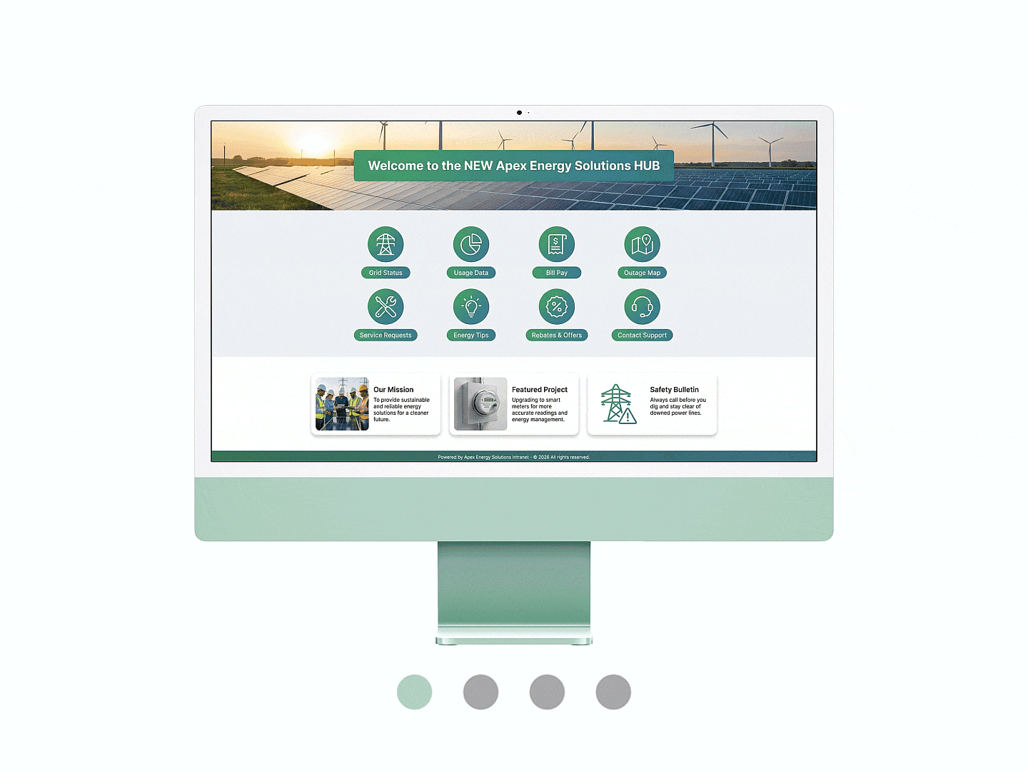Animated showcase of the energy and utilities intranet displayed across multiple devices, including iMac, MacBook, iPad, and a multi‑device view.