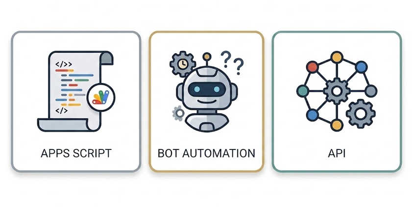 Three cards showing Apps Script, Bot Automation, and API integration.