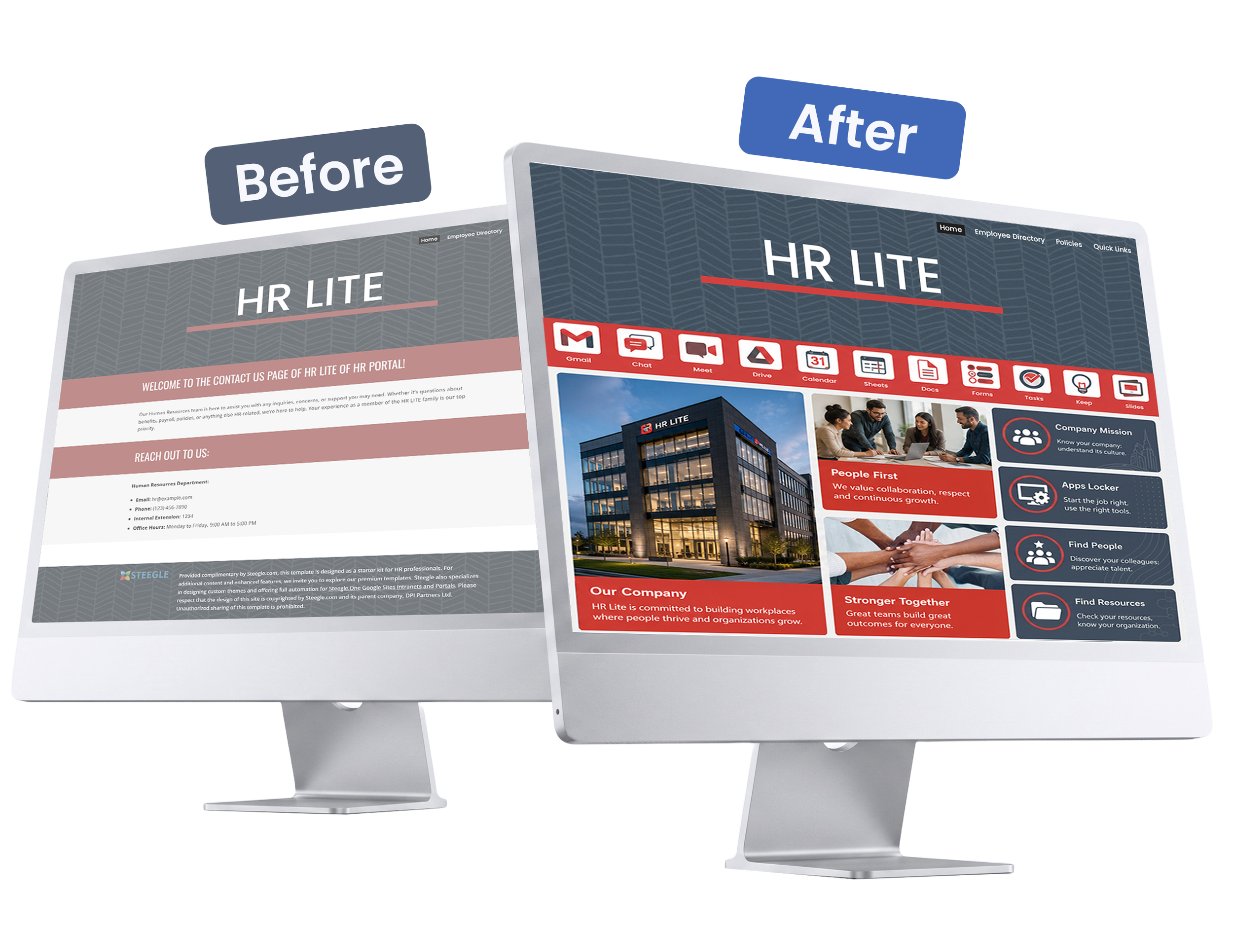 Two front‑facing iMacs side by side: the left screen shows a “Before” Google Site design, while the right screen displays the “After” Steegle.One intranet enhancement.