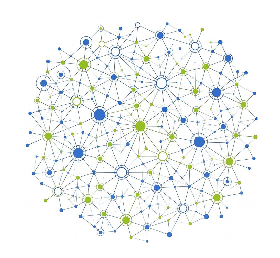 Complex network diagram forming a dense circular cluster of blue and green nodes.