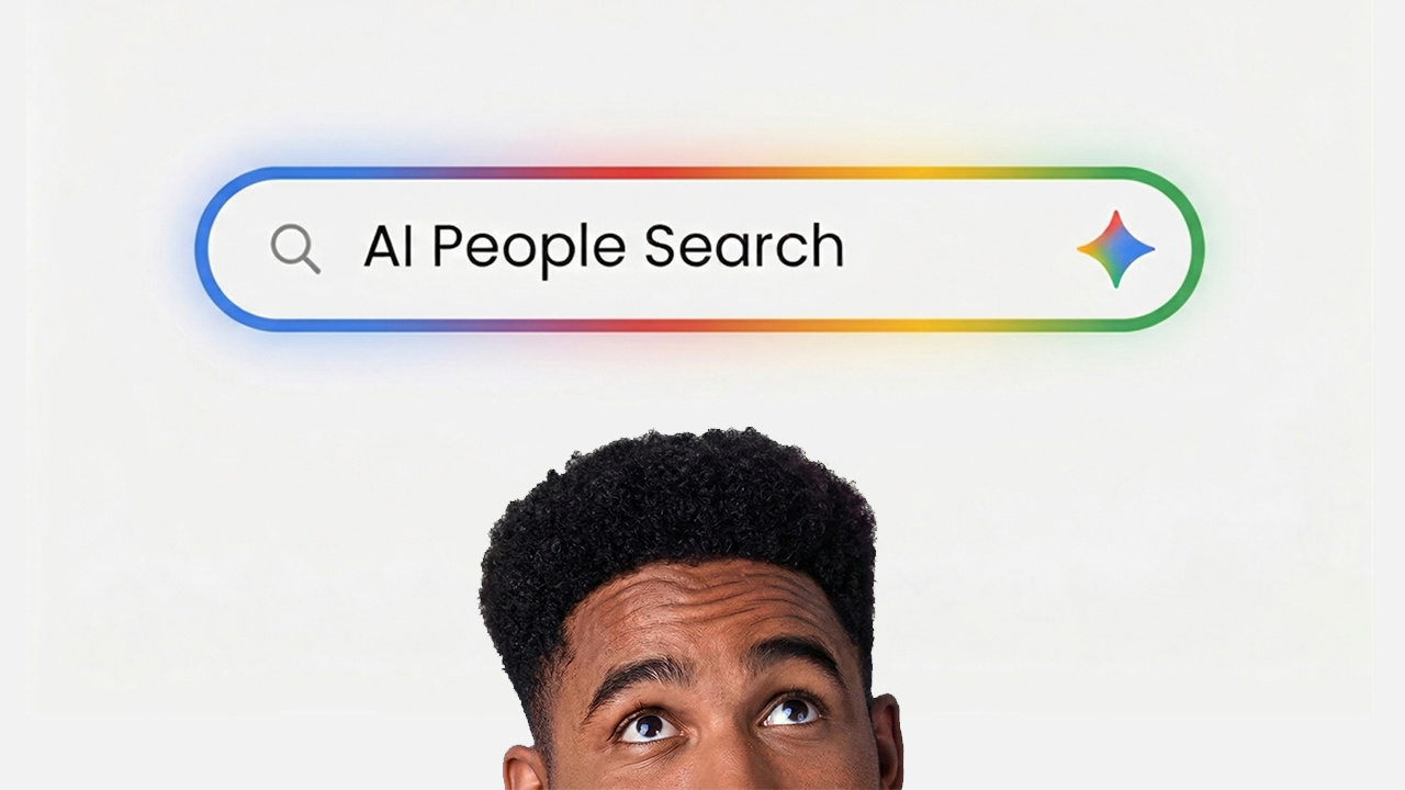Thumbnail showing a person looking up at a search bar labeled ‘AI People Search,’ with the Gemini icon on the right.