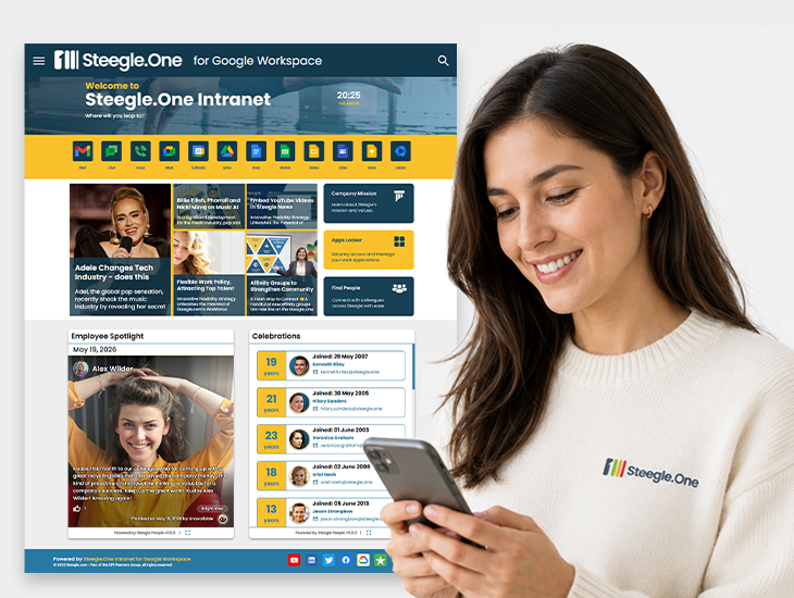 A woman using her phone next to a Steegle.One intranet dashboard design.