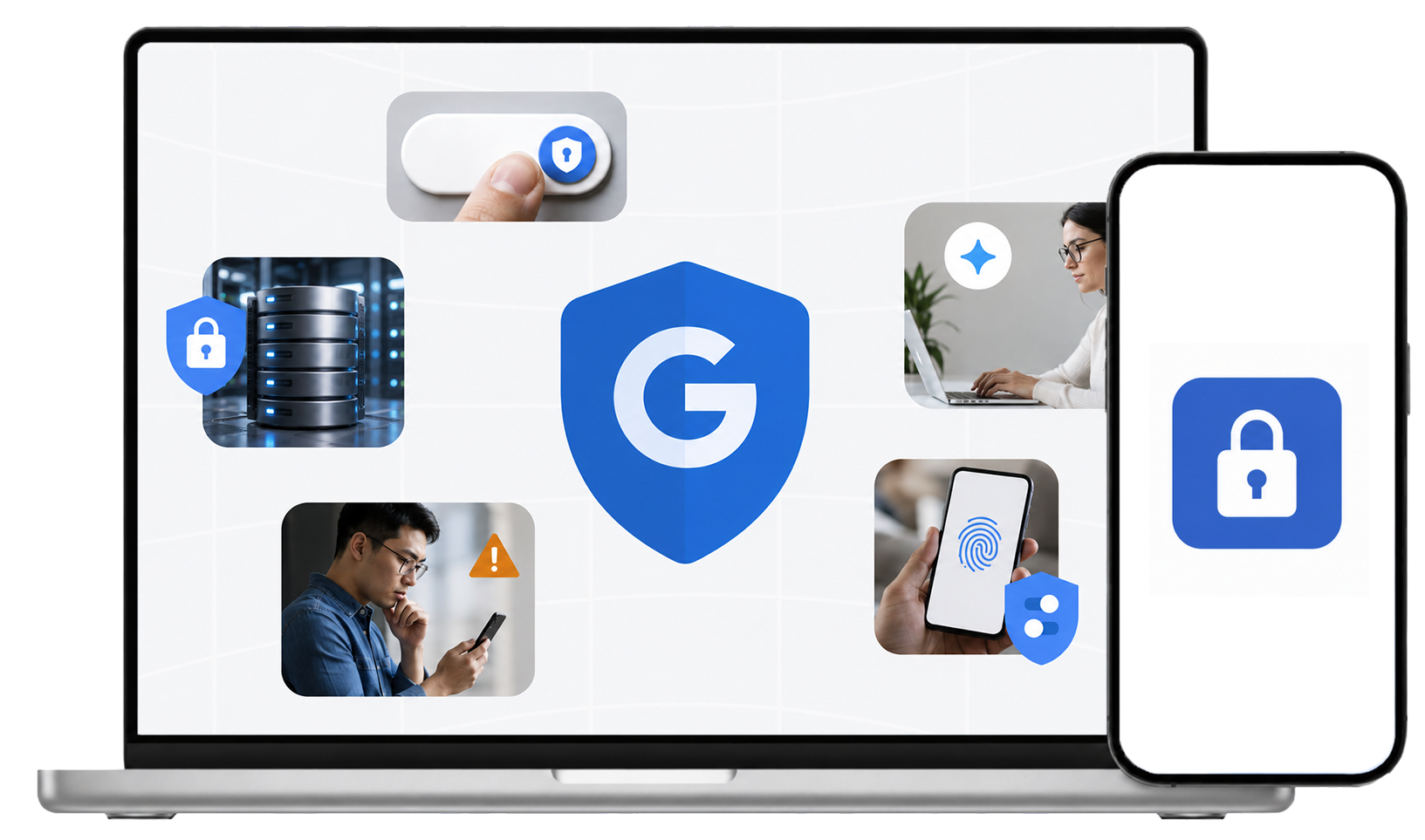 Laptop screen displaying Google security features alongside a smartphone screen with a lock icon.