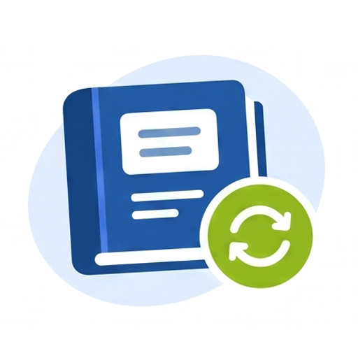 A Blue book with a green sync badge
