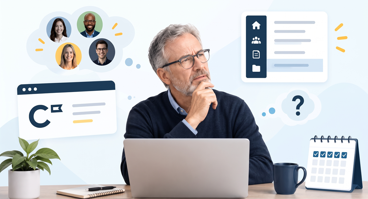 A man sitting at a laptop with floating interface dashboards and team thought bubbles.