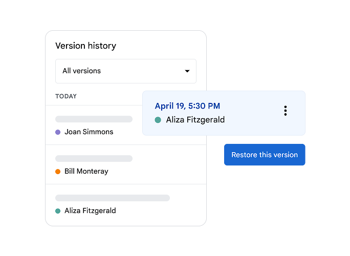 Version history displaying user access details with date, time, and a restore button
