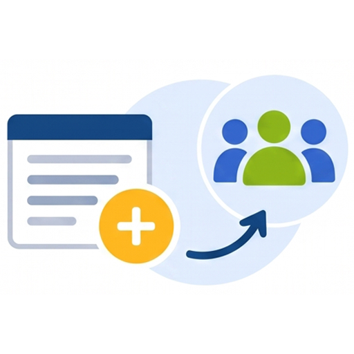 Document form with a plus icon pointing toward a user group circle