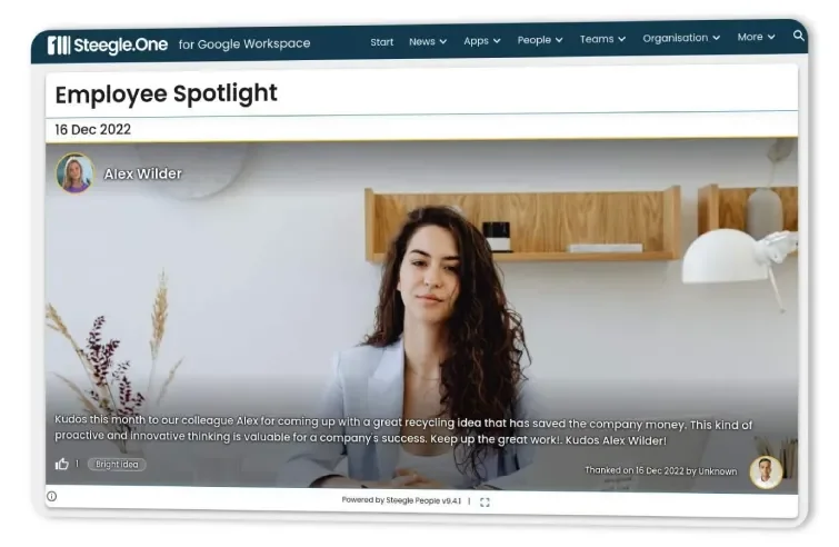 Screenshot of Employee Spotlight, part of Heroes, the employee recognition system in Steegle.One, the corporate intranet solution for Google Workspace