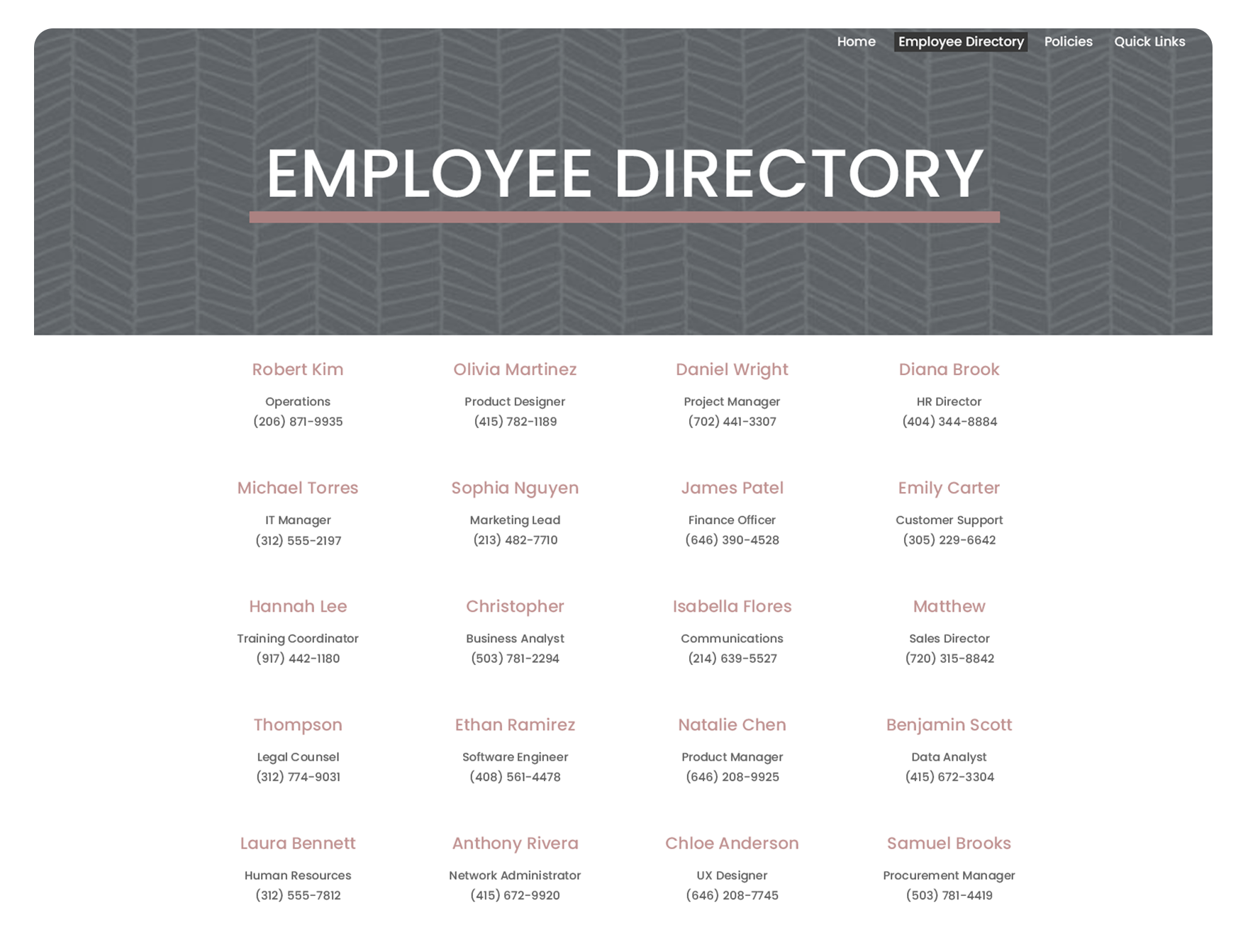 Greyed‑out employee directory in a standard Google Site, showing a static list of names, roles, and phone numbers.