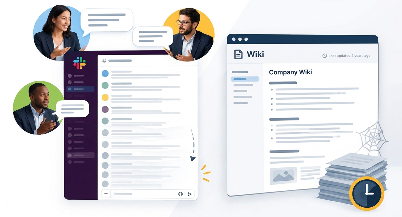 Illustration contrasting active team communication chat with an outdated and dusty company wiki documentation system.