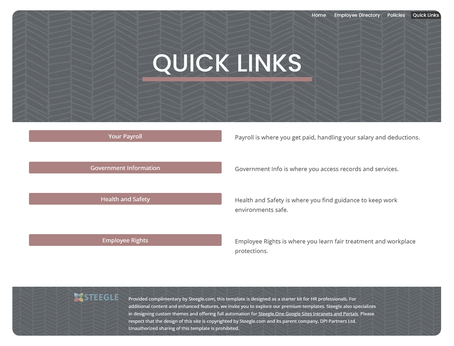 Greyed‑out quick links in a standard Google Site, showing generic buttons with plain text for app or page access.