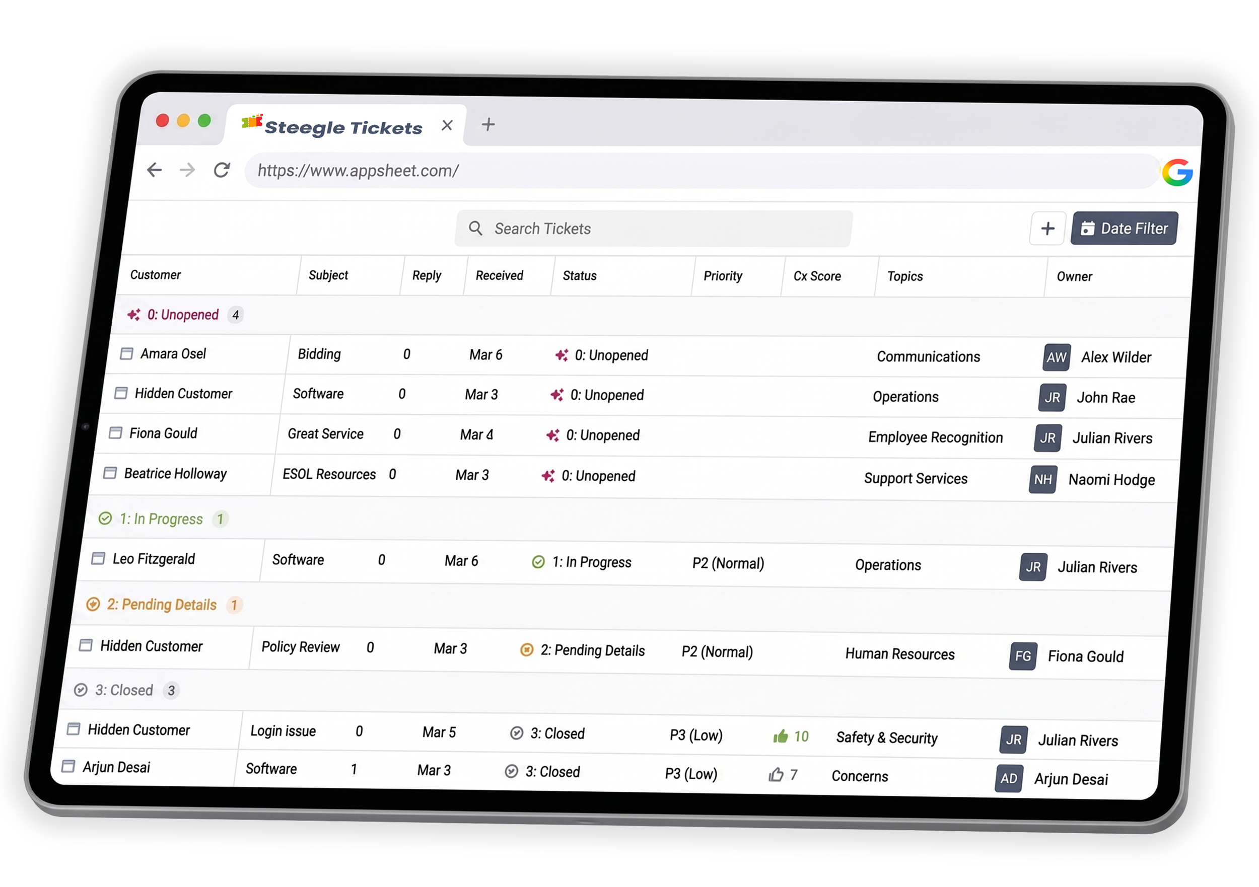 Steegle Tickets AppSheet dashboard tracking employee support requests.