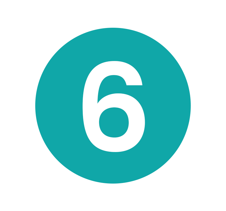 Teal circle icon highlighting the number six in bright white text