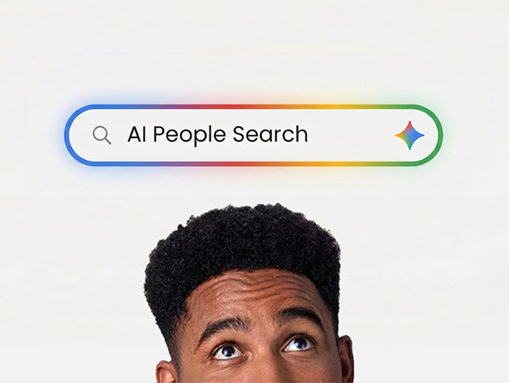 A man looking up at an AI People Search bar with a Gemini star icon.