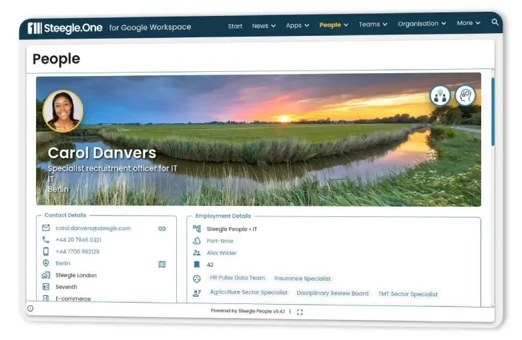 Screenshot of user profile in People the employee directory of Steegle.One, the intranet built on Google Sites for Google Workspace