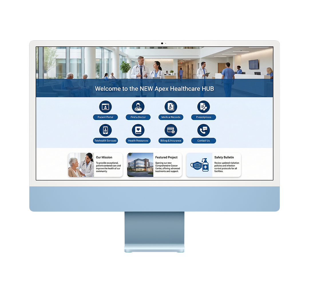 Healthcare intranet showcased on an iMac desktop screen.