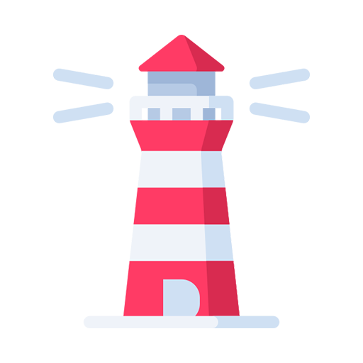 Red and white striped lighthouse icon with glowing beacon lights.
