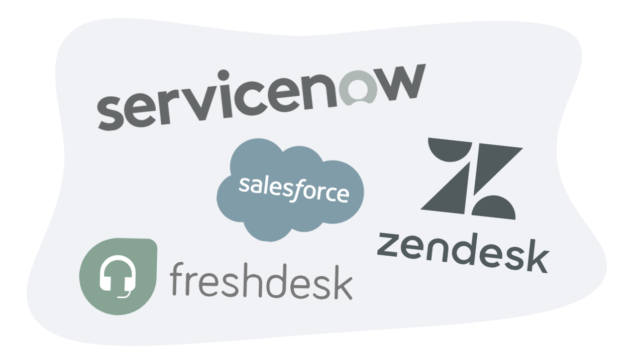 Logos of major helpdesk platforms ServiceNow Salesforce Zendesk and Freshdesk