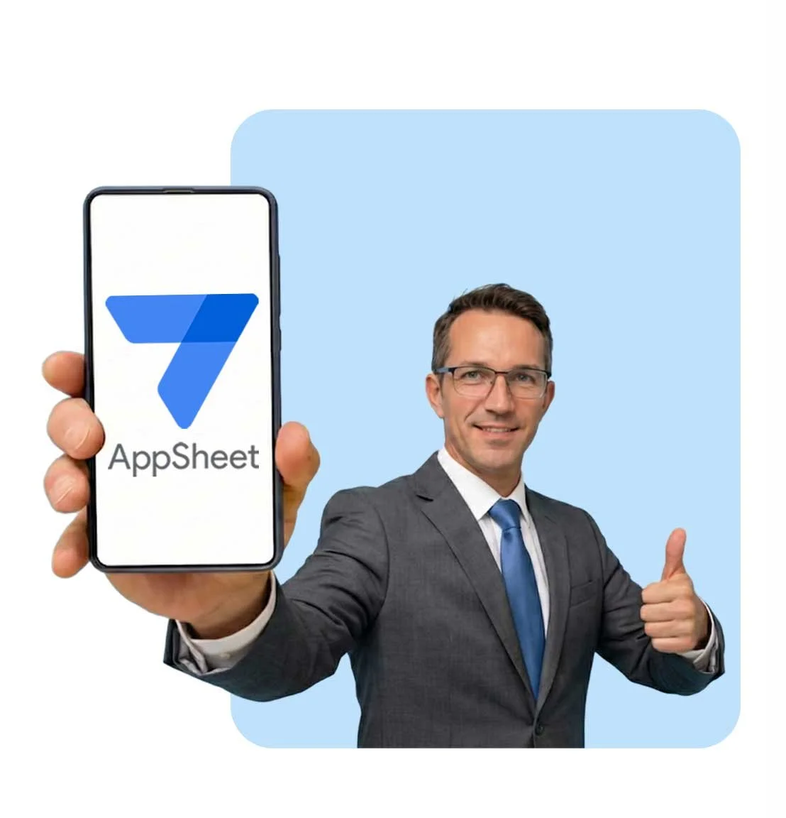 Smartphone displaying AppSheet logo held by a businessman giving a thumbs‑up