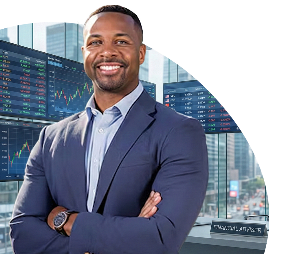 Financial consultant inside office building with monitors tracking stock market trends