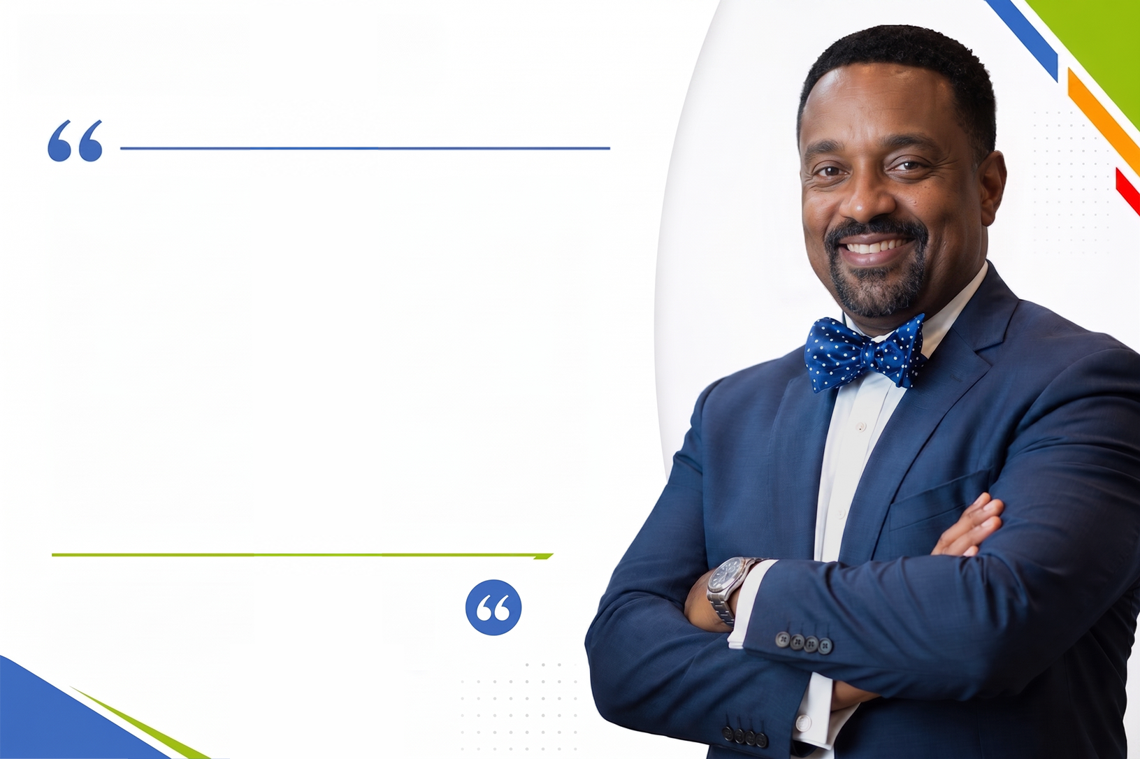 Mark Sims in a suit and bow tie on a blank testimonial layout