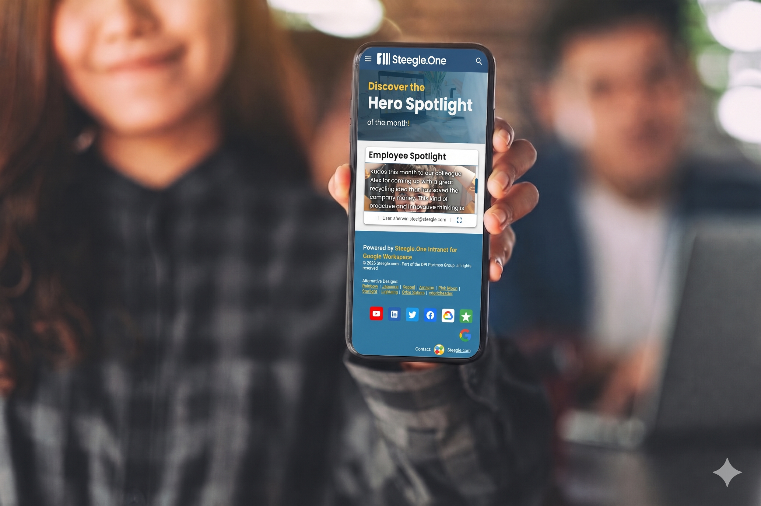 Woman  holding her phone with steegle heroes