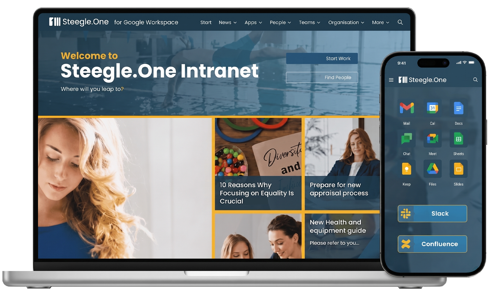 Steegle.One intranet dashboard displayed on a laptop and a mobile phone.
