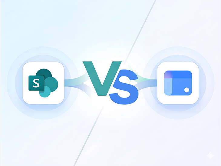 A comparison graphic displaying SharePoint vs Google Sites intranet logos.