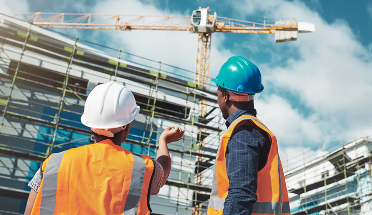 Two construction workers looking up at a crane on a building site.