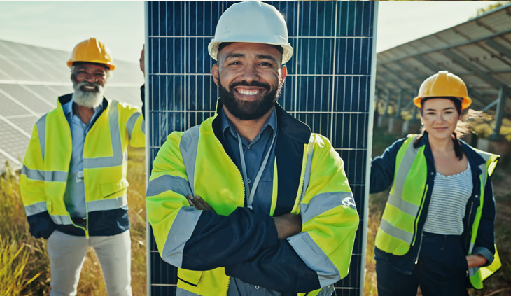 Three happy utility engineers standing next to clean energy solar panels.
