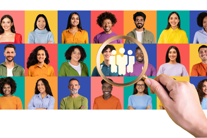 A collage of diverse smiling individuals on brightly colored backgrounds. A hand holds a magnifying glass in the foreground, focusing on a white icon of three people, symbolizing recruitment and talent search.